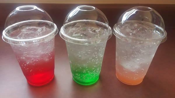 Left to right, Cherry Limeade, Green Apple, Peach Coconut Italian Sodas