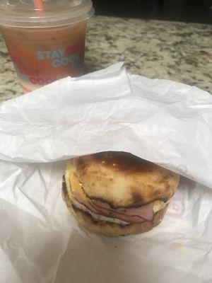 Ham, egg & cheese muffin sandwich & iced machiatto