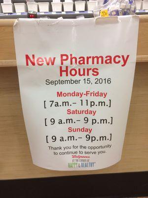 New Pharmacy hours as of 9/15/16!