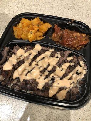 Beef & lamb shawarma, moussaka, and spicy potatoes