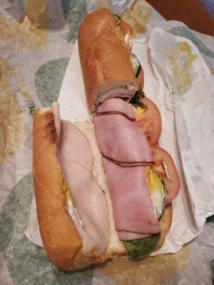 Turkey Breast and Black Forest Ham Footlong sub. Sandwich was missing Pepperjack cheese slices AND the Italian Herbs & Cheese bread.  =(