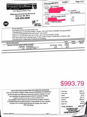 RECEIPT #1 regarding diagnostic and verifying the issue. No mention of valve body inspection in service request.