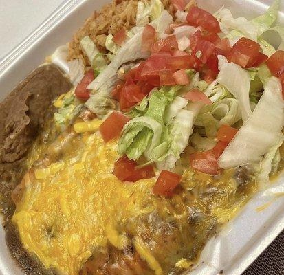 Cheese enchiladas with carne asada gravy