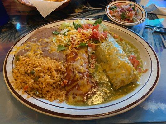 Cheese enchilada and pork tamale smothered in green chili