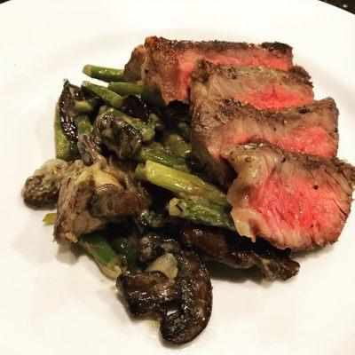 NY Strip with parmesan asparagus and mushrooms