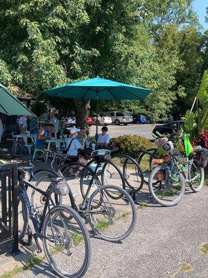 Outdoor seating and bike stands