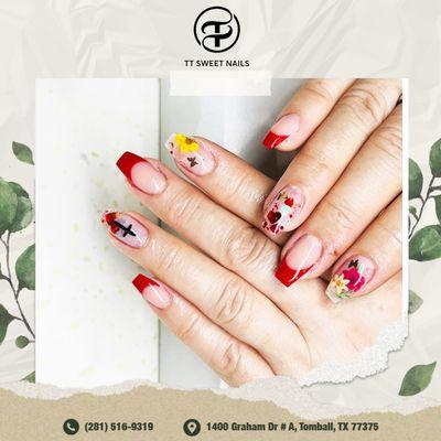 Bring the allure of spring to your fingertips with our stunning red polish adorned with delicate flower designs!