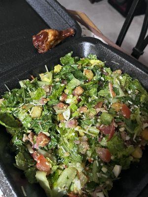 Chopped salad really fresh excuse the chicken leg..