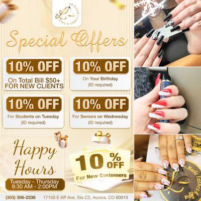 SPECIAL OFFERS 

 Treat yourself to amazing savings with our exclusive offers at Le Nails Lashes & Spa!