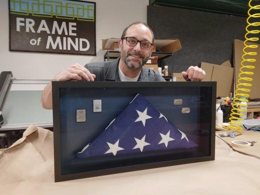 Military shadowbox with flag, personalized lighters and dog tags!