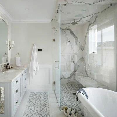 Modern bathroom, walk-in shower with a free standing tub, Porcelain tile "marble look" to avoid maintenance.