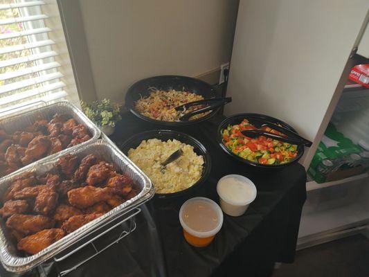 Potatoes salad, pasta salad, garden salad