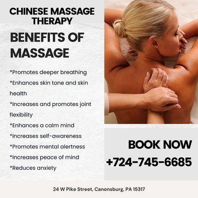 Chinese Massage Therapy
 24 W Pike Street, Canonsburg, PA 15317
 Call us at 724-745-6685