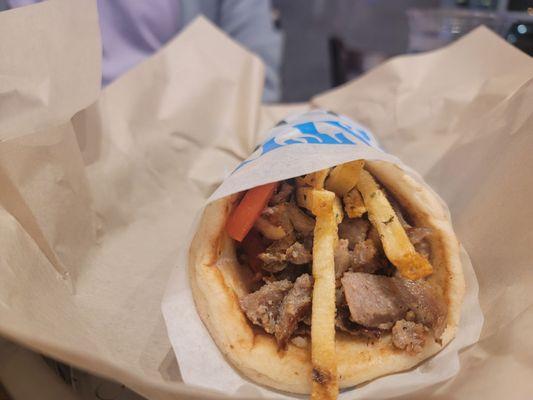 Pork gyro without the tzatziki sauce. Still very flavorful and salty. Make sure to drink lots of water!