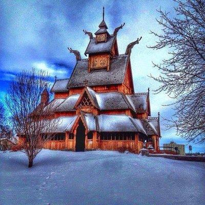 A full-size replica of the Gol Stave Church, which was moved from Gol, Hallingdal to the Folk Museum in Bygdoy Park in Oslo, Norway