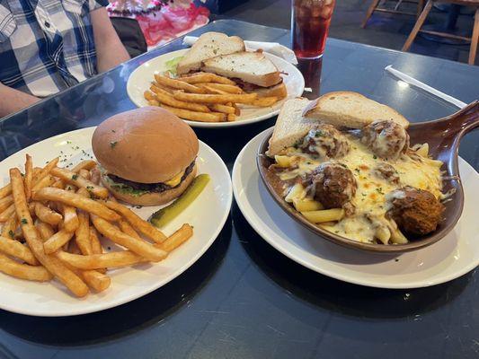 Burger, avocado sandwich, spaghetti