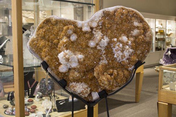 Large showpiece citrine heart sparkles with calcite crystals.