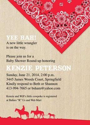 Red Bandana invitation is a fun one for your cowboy or western theme party. Shown here as a baby shower invitation.