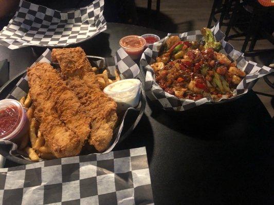 Fish and Chips and Shrimp Stir fry with teriyaki sauce.  DELICIOUS!