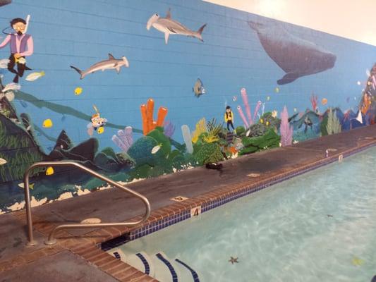 Heated swimming pool and mural on the wall inside.