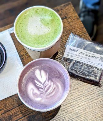 Matcha latte, ube latte, and salted brown butter ube blondie