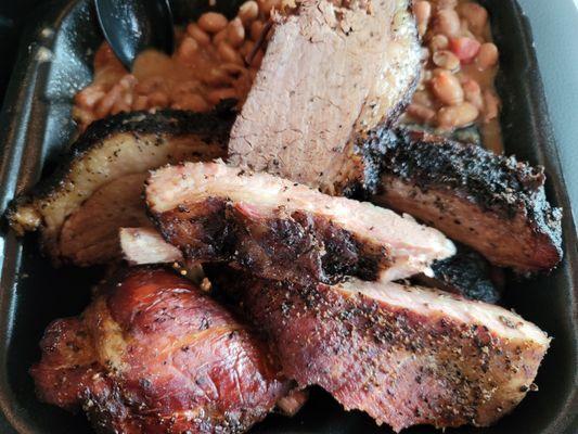 Pork Ribs, Brisket and cowboy beans! Sooooo good.