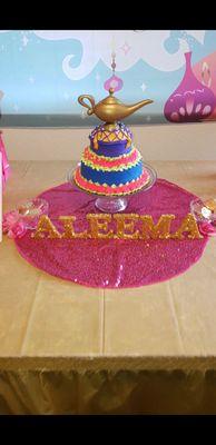 The lamp cake is very well done whereas the pink cake is titled and the rosettes are sloppily frosted(cake peeks through)