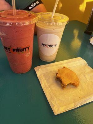 Beef patty, what's poppin w/ almond milk & honey, and Brutis smoothies!