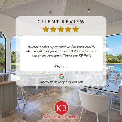 Five-star service, high-quality hard-to-find selections, and the best prices in the area. That's the KB Patio difference.