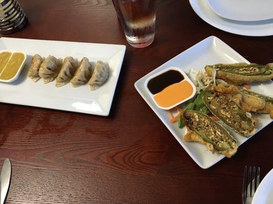 Nepalese dumplings and lamb stuffed jalapeños