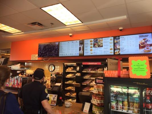 Nice digital signage. Clear menus of options. This Dunkin Donuts has a nice mix of doughnuts.