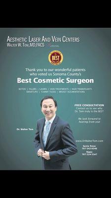 Thank you for voting Dr. Tom and staff as Best Cosmetic Surgeon of Sonoma County