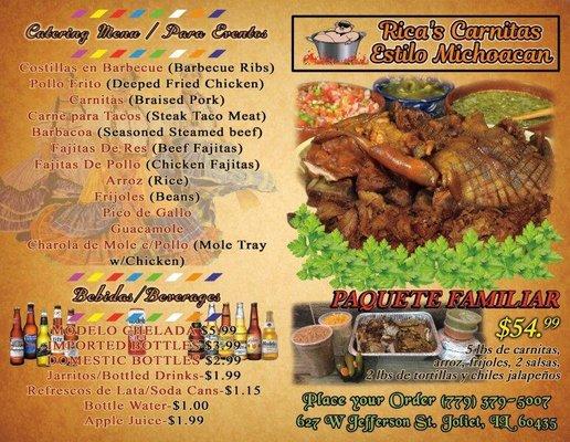 Catering menu (call for
Prices)