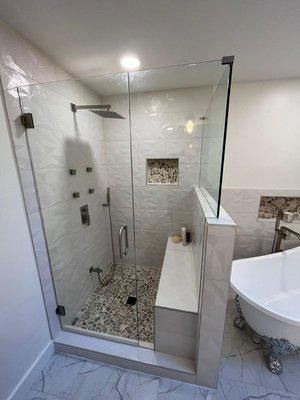 bathroom remodeling with layout change , built in shower bench