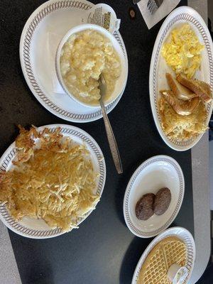 Waffle, Bowl Of Grits & Drink Sausage hash brown toast