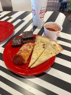 Pizza, Bavarian dessert pizza, cup o sauce and brownies!!