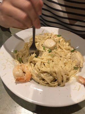 Seafood fettuccine is delicious. Really enjoyed this meal. My wife did too.