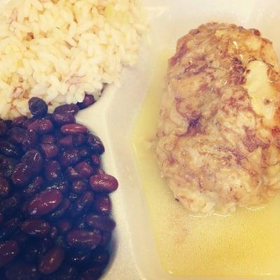 Spinach stuffed chicken with a side of rice and beans - so delicious!