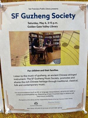 Chinese Music Society event at Golden Gate Vally Library