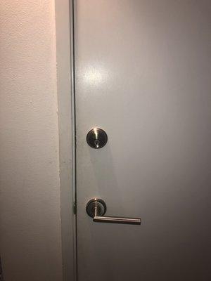 Second fresh installation completed
Holes bored
Dead bolt that is satin nickel  installed on door above lever lock