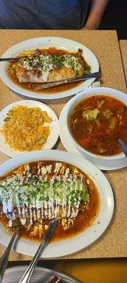 Two burrito ranchers one with pastor ( no sour cream and guacamole) and the other with chorizo.  And abondigas soup with a side of rice.