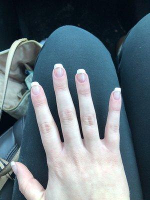 My nails were all uneven, oddly shaped some weren't even straight they were slanted. The guy I had didn't even take time doing my nails.