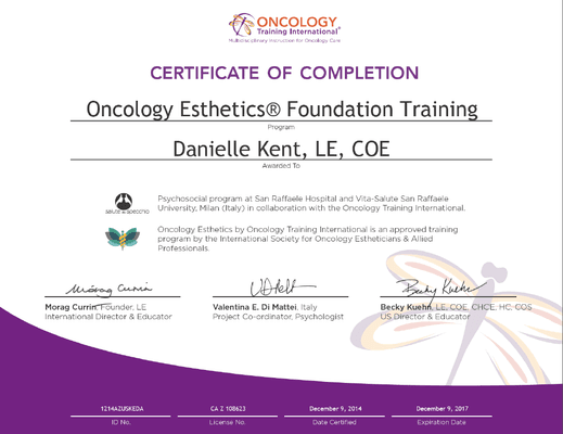 Danielle has been certified in Oncology Esthetics and is now accepting appointments for oncology facials in El Dorado Hills