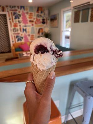 Blueberry cheesecake in a waffle cone