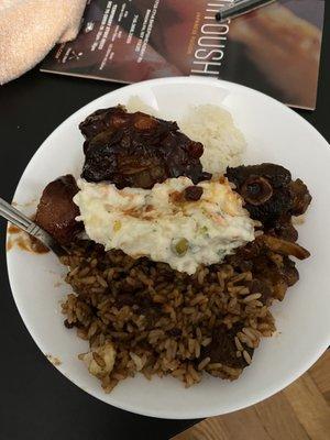 Oxtail, ribs, peas & rice, potato salad