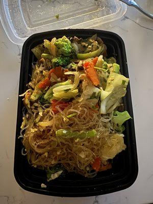 Dry glass noodles. No limes , no flavor , no sauce!