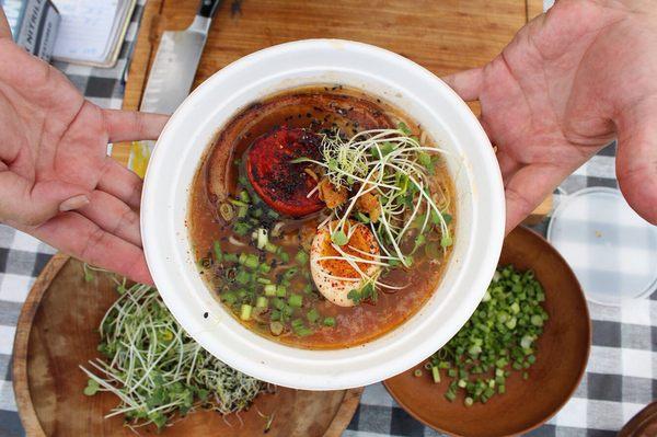 Bone broth, pork belly, shoyu egg, sprouts, roasted tomato