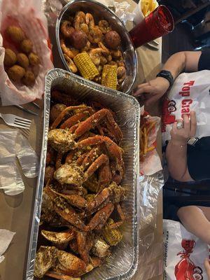 Snow crab, shrimp, corn, potatoes and Dungeness crab