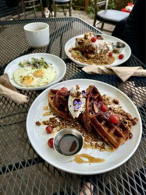 Sweet potato waffles , over easy eggs and blueberry French toast - yummy!