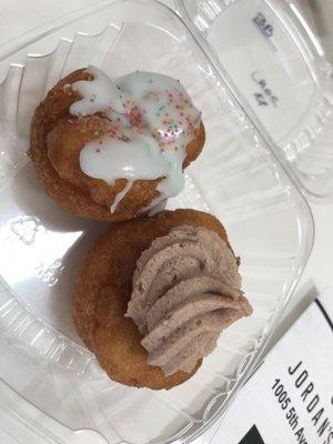 Chocolate iced and blueberry glazed mini donuts